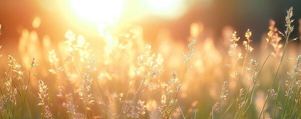 Fototapeta premium Meadow graced with grass nature meets summer sun sunlight casting glow on every plant yellow hues in field at sunset landscape backdrop to autumn charm sunny days
