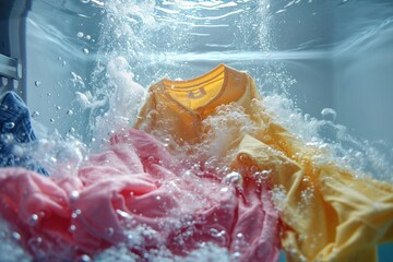 Clothes washing underwater concept, Inside the washing machine commercial advertisement style with floating coloured shirts underwater with bubbles and wet splashes
