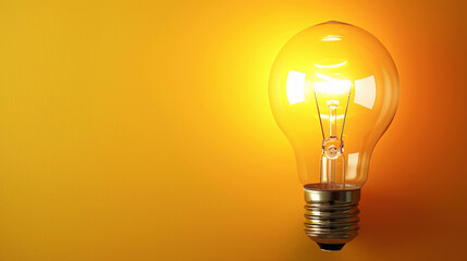 Glowing light bulb. Bright idea business concept, isolated with copy space. Orange yellow background.