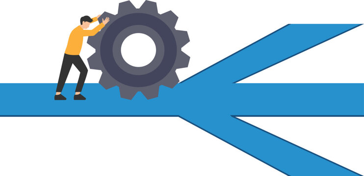 Change management, Professional or expertise to manage company transformation or implement new process, Team help turn gear cog, Manage change direction arrows

