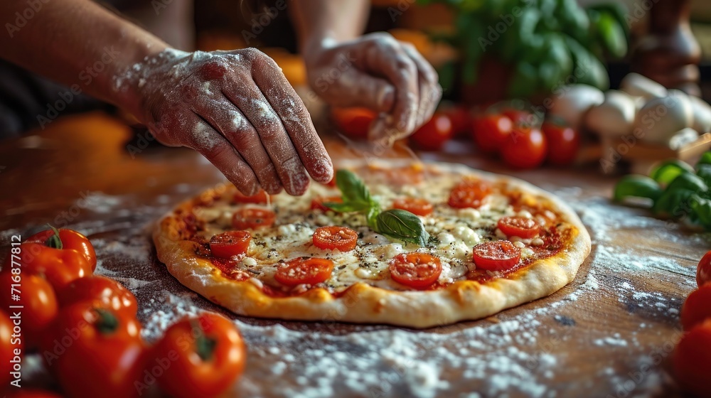 Poster a close up of a person making a pizza on a table with tomatoes and basil on the table next to the pi