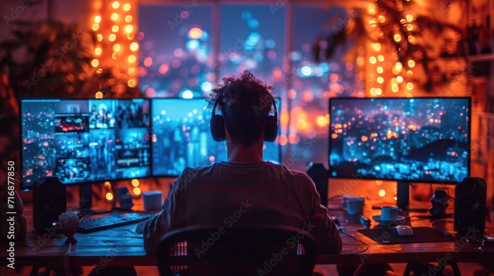 Poster a man sitting at a desk in front of three computer monitors, wearing a headset and surrounded by var