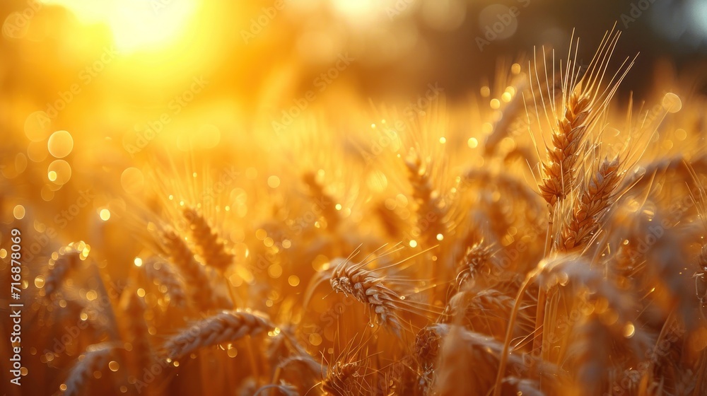 Aufkleber a close up of a field of wheat with the sun shining in the background and a blurry image of the gras