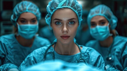  a group of doctors in blue scrubs standing in front of a mirror with their hands on their hipss and looking at the camera with a serious look at the camera.