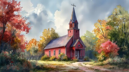 church in autumn - obrazy, fototapety, plakaty