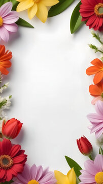 Fototapeta Orange, pink, red and yellow spring flowers on a white background are arranged around the perimeter, with copy space in the center. Vertical.