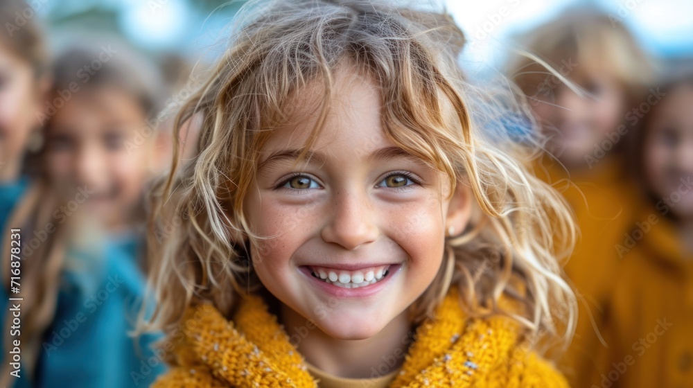 Poster a close up of a child's face with a group of children in the background in the background is a blurr