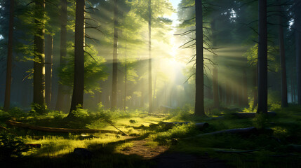 Beauty nature forest with sunrise background illustration,,
a path through a forest with trees and grass