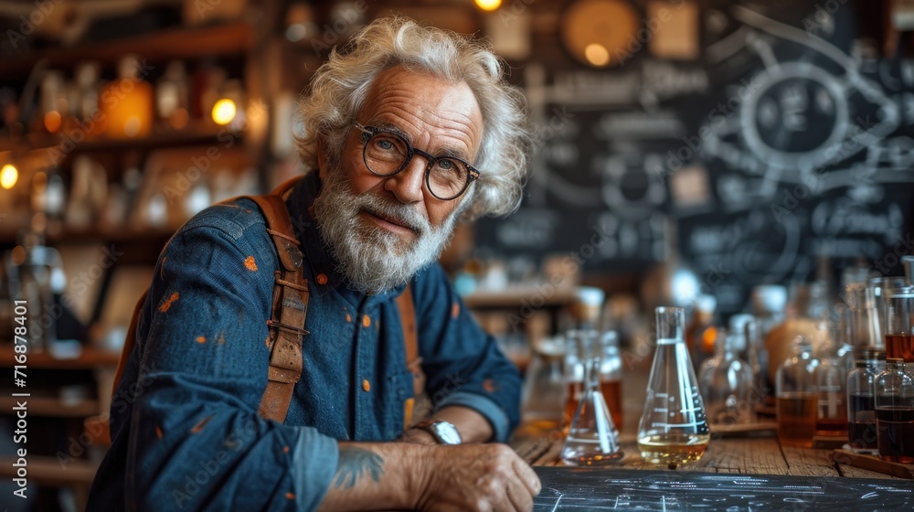 Poster a man with a beard and glasses sitting at a table in front of a blackboard with a lot of test tubes 