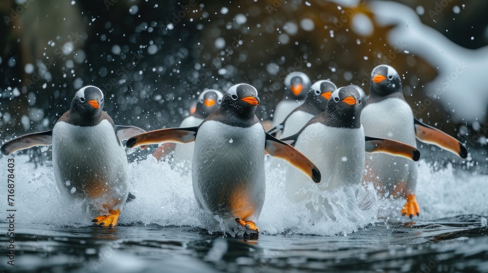 Poster a group of penguins splashing in a body of water with snow on the ground and trees in the background