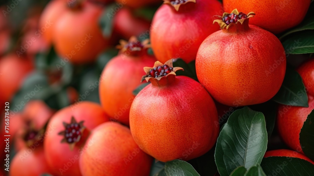 Poster a bunch of ripe pomegranates sitting on top of a green leafy tree with red berries on the top of the