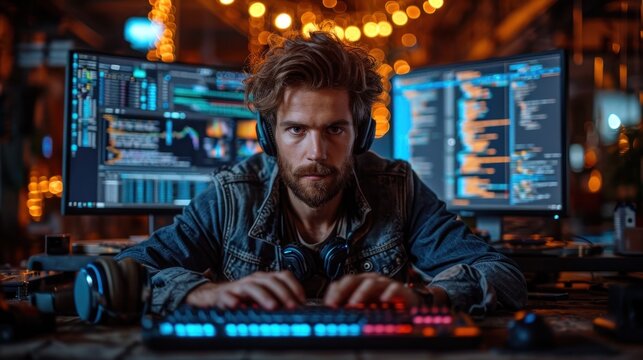  A Man Sitting At A Desk With A Keyboard And Headphones In Front Of A Computer Monitor With A Lot Of Lights On The Wall Behind Him And Behind Him.