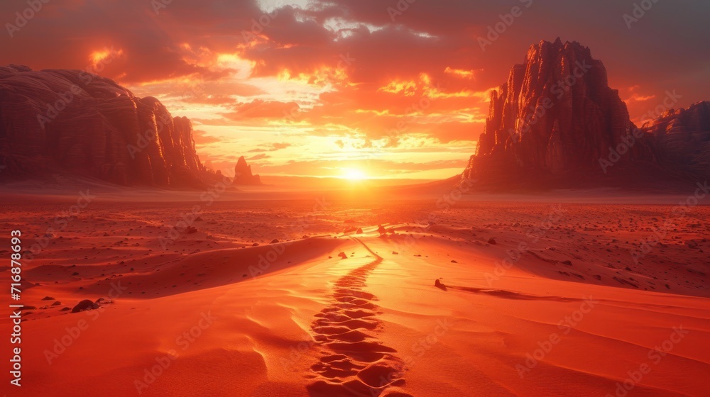 Poster the sun is setting over a desert with a trail in the middle of the desert with footprints in the san
