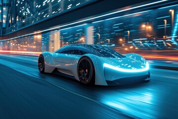 future Automated self driving futuristic electric car driving on highway lights speed motion blur 