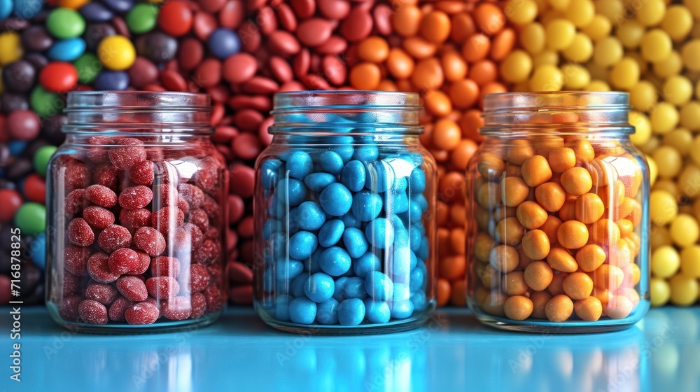 Aufkleber three jars filled with different colored candies on a table next to a wall of multicolored candies i