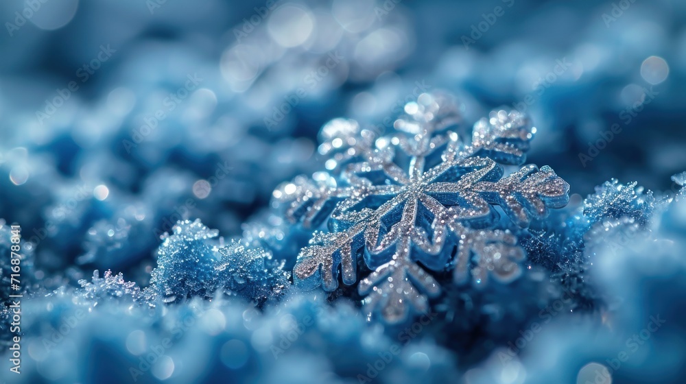 Poster a close up of a snowflake with snow flakes in the foreground and a blurry background of snow flakes 