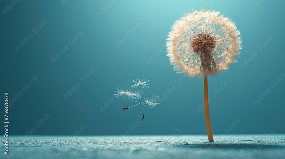 Poster a dandelion is blowing in the wind on a blue background with a single dandelion in the foreground an