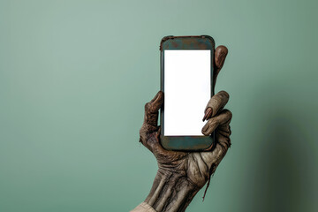 Creepy halloween monster zombie hand holding a mobile phone with a blank screen