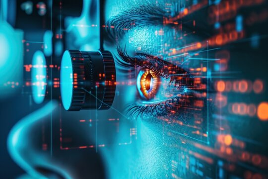 optical clinic with futuristic ophthalmoscope equipment performing eye test with female