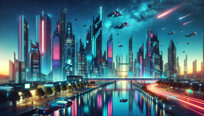 Naklejka premium Neon Cityscape in Futuristic Metropolis. Dazzling neon lights in a futuristic city skyline.