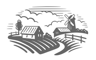 Naklejka premium Village vector logo template. Retro Mill and house landscape
