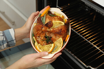 Woman taking baked chicken with orange slices out of oven, closeup