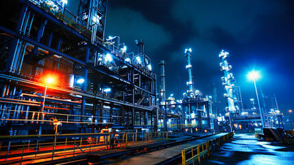 Industrial Night Shift: Refinery Illuminated Against the Night Sky, Symbolizing Energy and Manufacturing