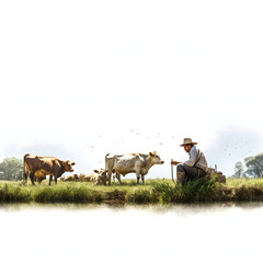 A farmer tending to cows in a field isolated on white background, cinematic, png
