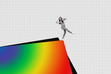 Creative photo of miniature millennial girl listen headphones standing on huge multicolor gradient...