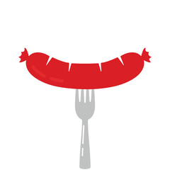 big red sausage strung on metal fork. concept of easy and delicious streetfood or bratwurst. flat simple cartoon style trend modern logotype graphic art design element isolated on white background