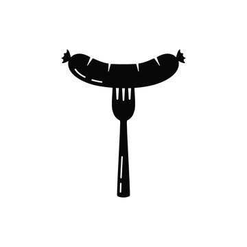 recommend clip art: black sausage on fork like currywurst icon. concept of roasted bratwurst or german grilled meat. flat simple style trend modern curry wurst logotype graphic design isolated on white background