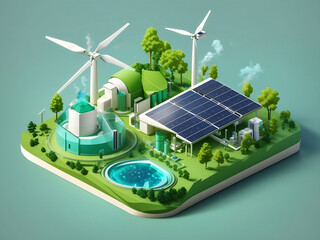 Green hydrogen power plant concept with solar cell and wind turbine energy isometric isolated on a white background design. - obrazy, fototapety, plakaty
