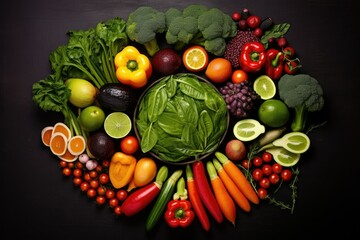 Top view different vegetables with fruits,Top view of different organic fresh fruits and vegetables Ai generated