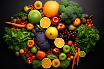 Naklejka na ściany i meble Top view different vegetables with fruits,Top view of different organic fresh fruits and vegetables Ai generated