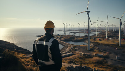 Equipo de j&oacute;venes ingenieros de mantenimiento trabajando en un parque de aerogeneradores al atardecer.Ingenier&iacute;a de sistemas de energ&iacute;as renovables