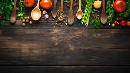 Fresh organic vegetables and spoons on rustic wooden background