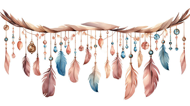 boho branch with feathers and crystals , on white background