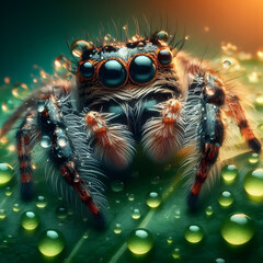 Macro shot, Beautiful natural landscape Phidippus regius jumping spider action on green leaf with dew drops. Phidippus regius. Phidippus. Araneae. European garden spider. garden spider