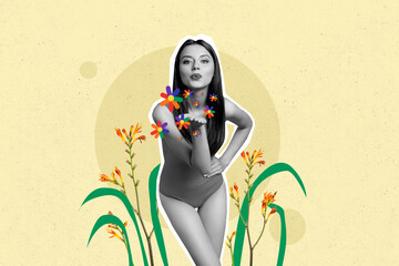 Collage creative poster black white effect beautiful charm tenderness young lady pose model blow...