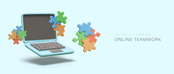 Composition with realistic model of open laptop and flying puzzles in different colors