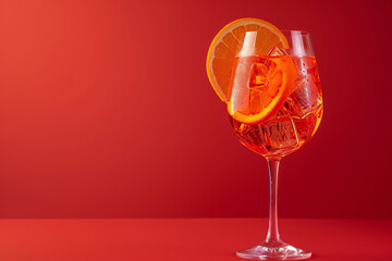 Cocktail Aperol spritz with orange slice on red background