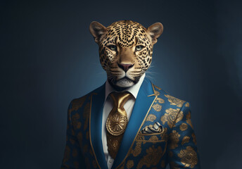 Leopard in an elegant men's suit, a predatory manager ready to act