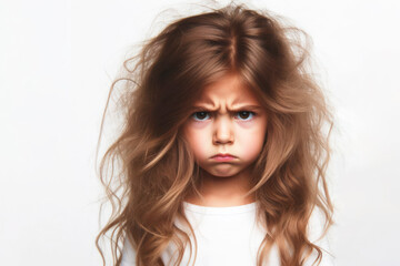 Naklejka premium angry girl with unruly hair isolated on solid white background. ai generative