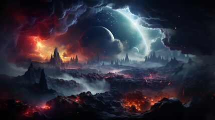Dramatic Fantasy Landscape With Moon And Volcano Eruption