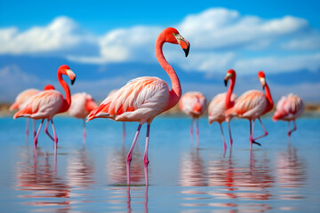 Group birds of pink flamingos walking around the blue lagoon on a sunny day