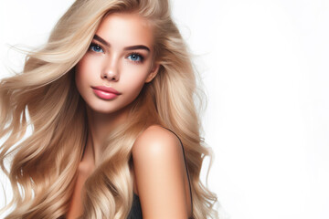 Fototapeta premium blond haired girl with beautiful blond hair isolated on solid white background. ai generative