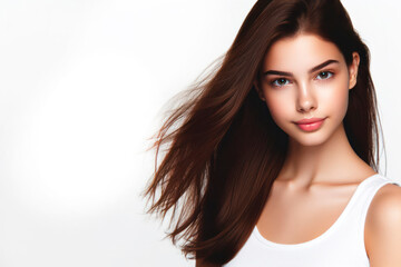 Fototapeta premium brown haired girl with beautiful dark hair isolated on solid white background. ai generative