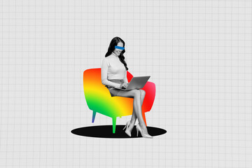 Creative collage image poster black white effect beautiful charm happy young lady work colorful armchair use laptop business cell background