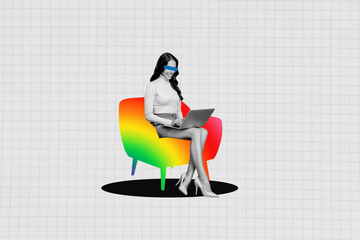 Creative collage image poster black white effect beautiful charm happy young lady work colorful...