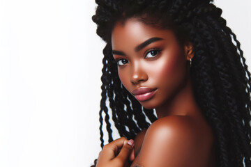 portrait of beautiful black african american woman with curly long braids and bun. ai generative - obrazy, fototapety, plakaty
